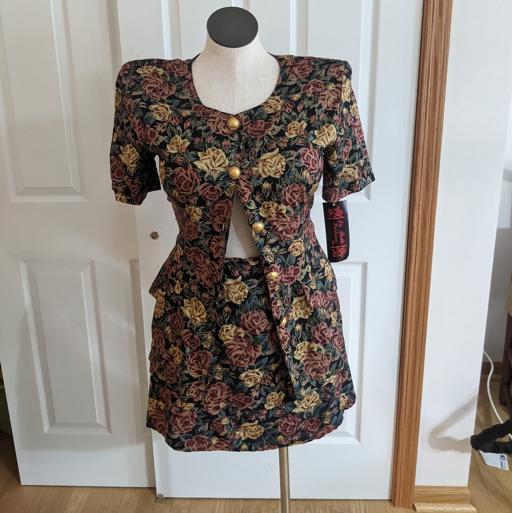 Vintage challis skirt suit set rose print size 9/10